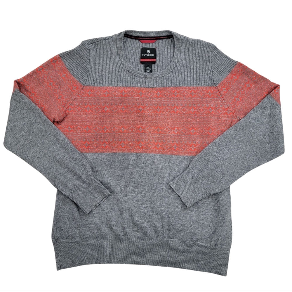 Victorinox Swiss Army Knife Sweater Gray Red Striped Merino Wool Blend W…